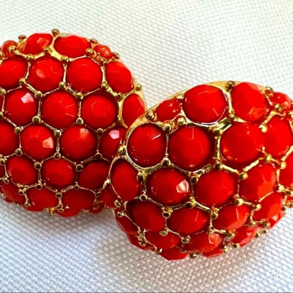 Vintage Pierced Gold Tone With Coral Rhinestones Pierced Y2k Earrings - Picture 5 of 8